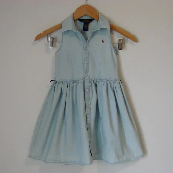 Polo Ralph Lauren Girls Chambray Denim Dress Pony Sleeveless Collar Cotton Siz 6 - Picture 2 of 14